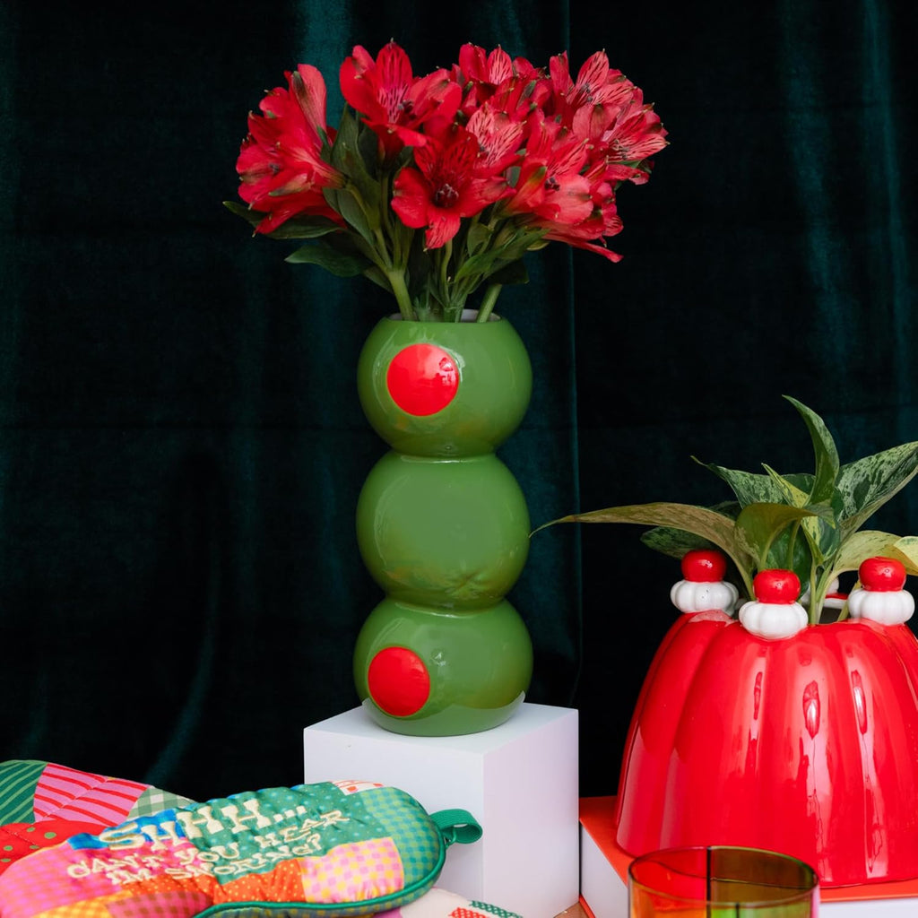 ban.do Novelty Ceramic Vase - Stacked Olive Decorative Vase - Nostalgic Unique Vintage Decor for Home, Kitchen or Bar Cart