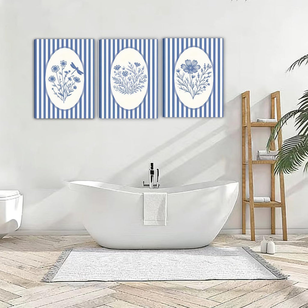 3pcs Blue Striped Floral Canvas Wall Art Minimalist Wildflower Silhouette Poster Print Rustic Farmhouse Decor For Bedroom Bathroom Living Room Office Kitchen Wall Deco( 12×18in Stretched Canvas on A Wooden Frame)
