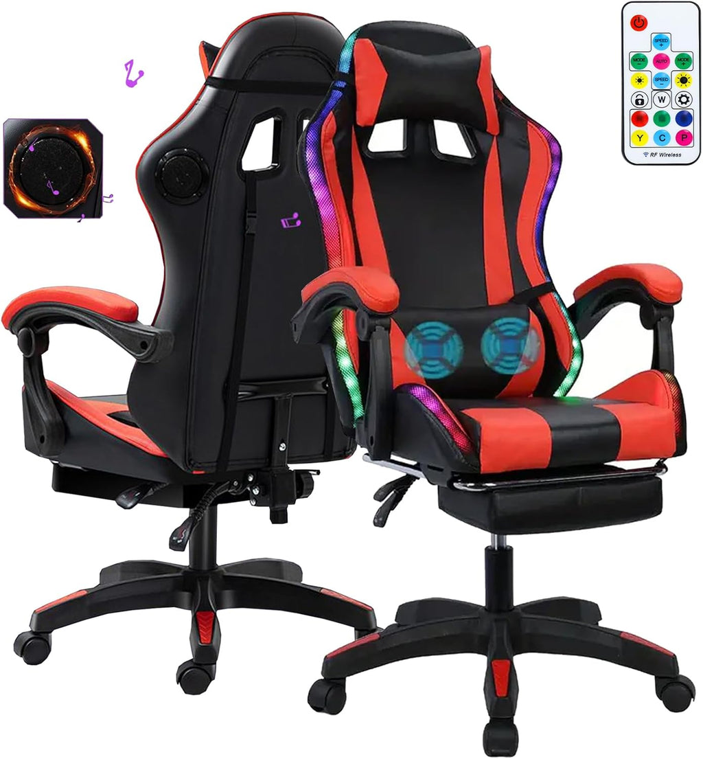 Gaming Chair, Video Game Chair with LED Light, Ergonomic Massage Computer Chairs Height Adjustable with 360° Swivel Seat and Headrest(US Fast Arrival) Black & Red