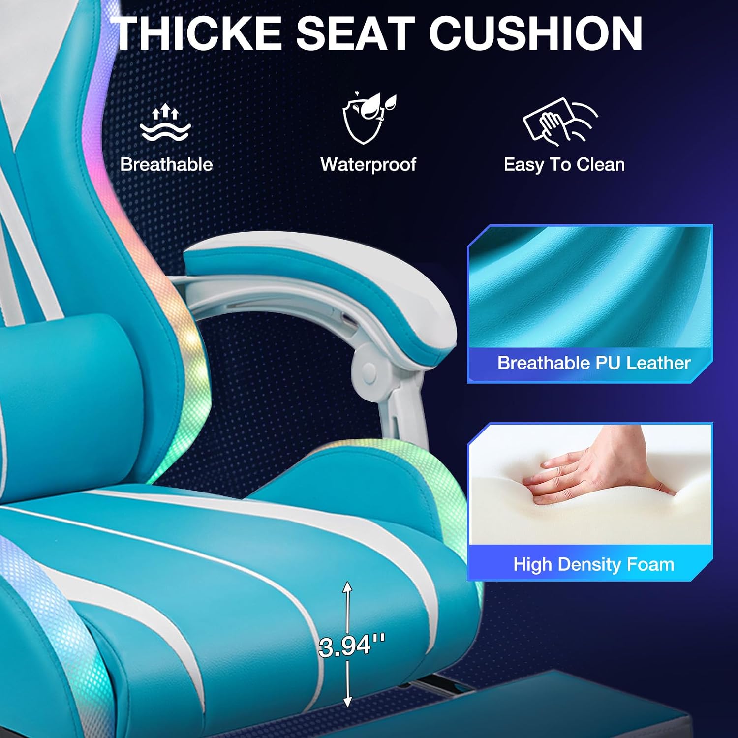 RGB Gaming Chair with LED Lights Massage Ergonomic Computer Gaming Chair High Back Video Game Chair with Footrest and Adjustable Lumbar Support Linkage Armrest Gamer Chairs for Adults Blue and White