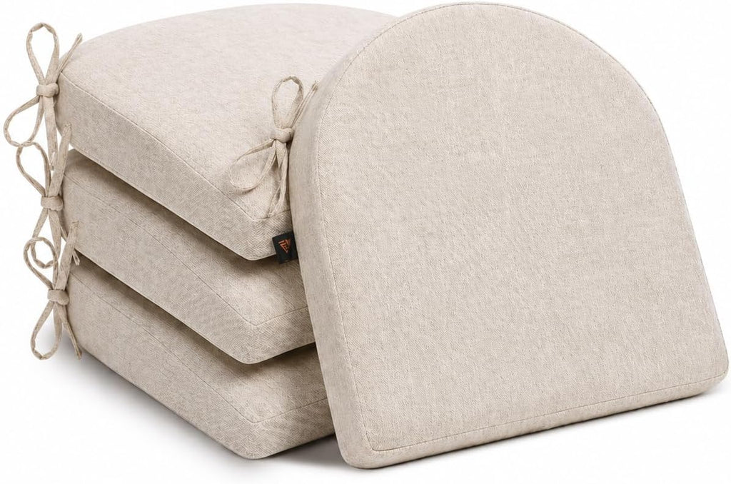 Memory Foam Chair Cushions for Dining Chairs, 2.5" Thick Seat Cushions for Kitchen Chairs, D-Shaped Chair Pads with Washable Cover, Ties and Non Slip Backing, 17'' x 16'', Set of 4, Beige