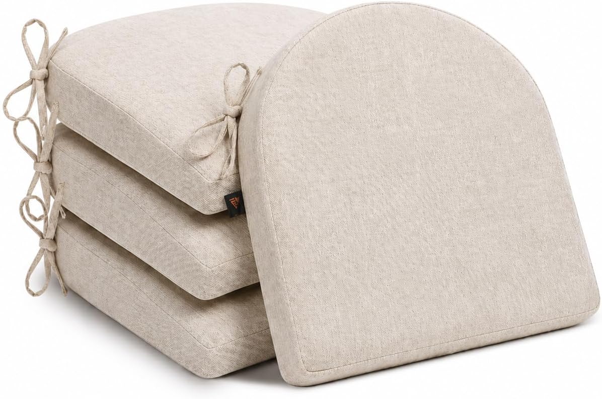 Memory Foam Chair Cushions for Dining Chairs, 2.5" Thick Seat Cushions for Kitchen Chairs, D-Shaped Chair Pads with Washable Cover, Ties and Non Slip Backing, 17'' x 16'', Set of 4, Beige