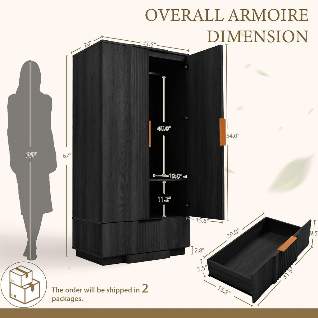 Yechen 67" Fluted Armoire Wardrobe Closet with Doors and Drawer | Wooden Wardrobe Closet Cabinet with Adjustable Shelve, Modern Small Armoires Storage Clothes, Coats for Bedroom, Black