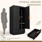 Yechen 67" Fluted Armoire Wardrobe Closet with Doors and Drawer | Wooden Wardrobe Closet Cabinet with Adjustable Shelve, Modern Small Armoires Storage Clothes, Coats for Bedroom, Black