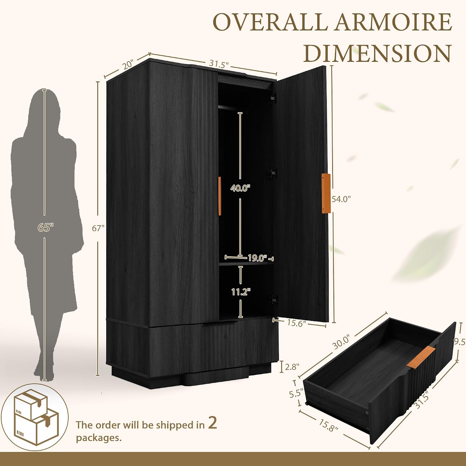 Yechen 67" Fluted Armoire Wardrobe Closet with Doors and Drawer | Wooden Wardrobe Closet Cabinet with Adjustable Shelve, Modern Small Armoires Storage Clothes, Coats for Bedroom, Black