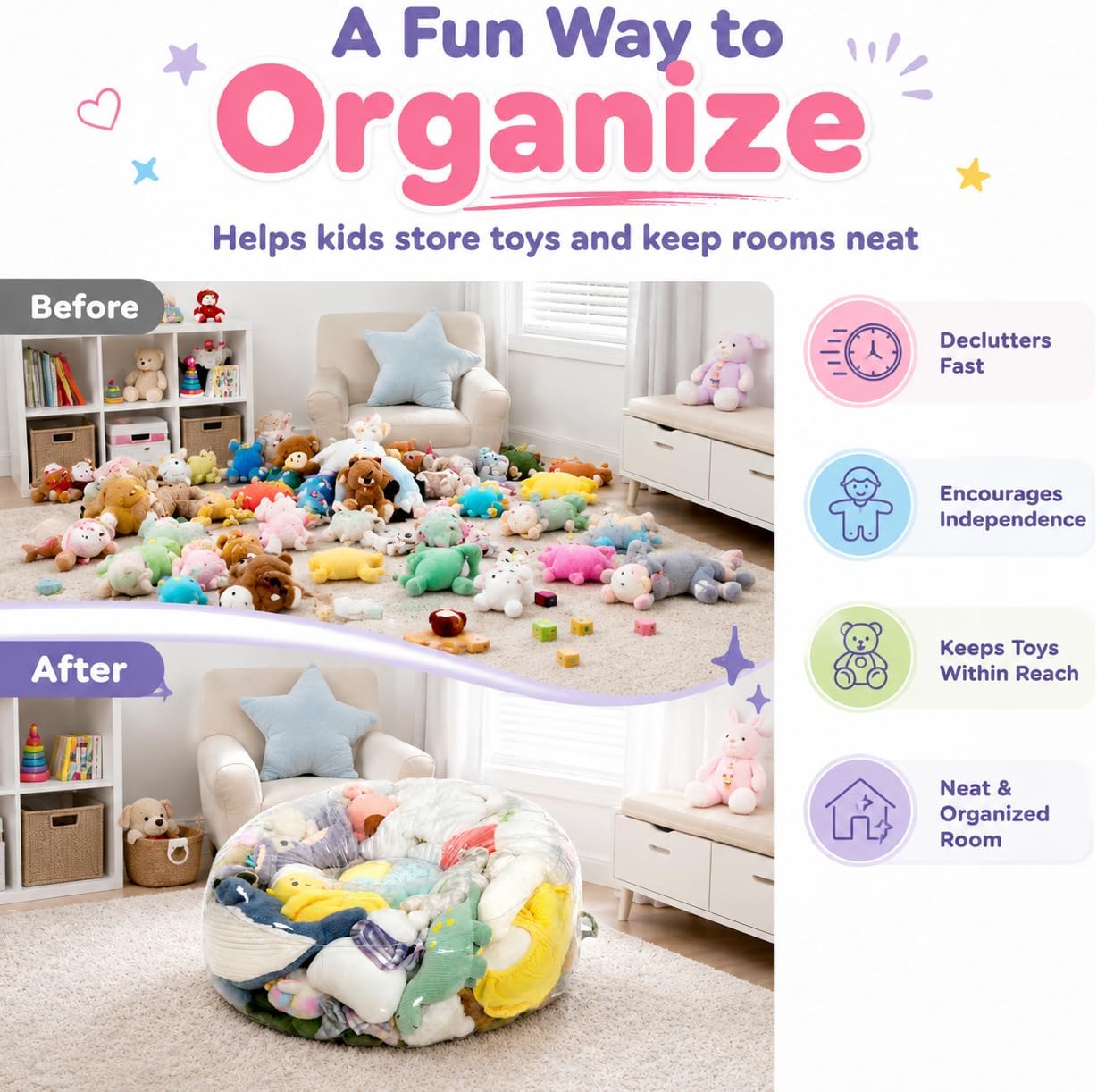 Clear Stuffed Animal Storage Bean Bag Chair Cover for Kids with Zipper | Transparent Waterparoof, Wipe Clean Thicker PVC, Holds 50+ Stuffed Animals, Double Zipper for Plush Toys Storage & Organizing