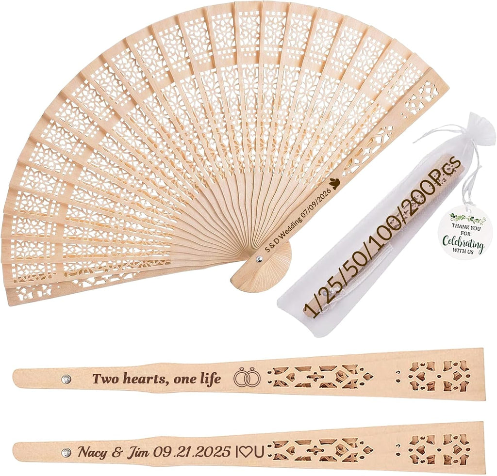 100 Pcs Custom Engraved Hand Fans for Wedding Guests, Personalized Wooden Folding Fans in Bulk, Ideal Favors for Bridal Shower, Baby Shower or Summer Party