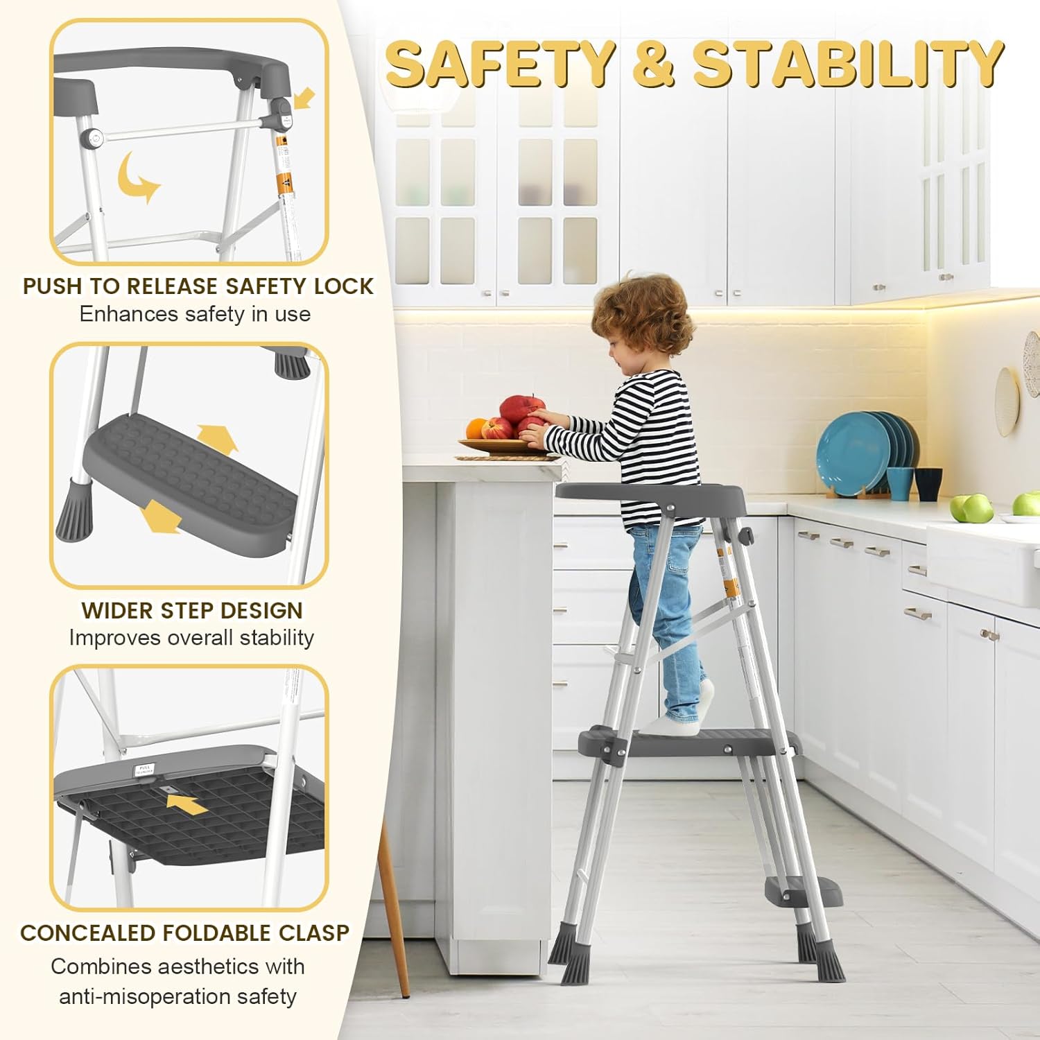 HBTower Kids 2 Steps Step Stool, Toddler Tower with Anti-Drop Safty Railing, Toddler Kitchen Stool Helper for Kitchen Counter Learning Kids Standing Folding Stepper