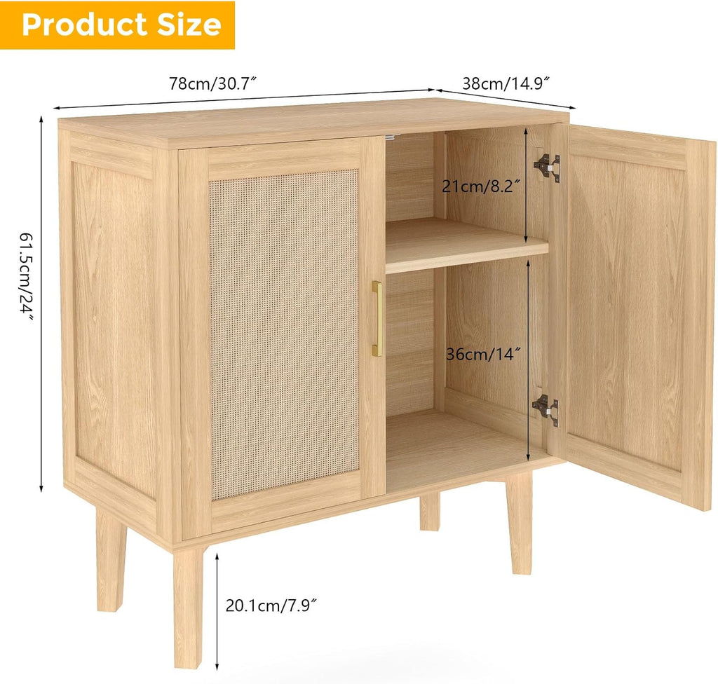 ITEFDTUTNE Rattan Cabinet, Buffet Storage Cabinet Sideboard with 2 Doors & Solid Wood Feet, for Hallway, Entryway, Living Room,or Kitchen