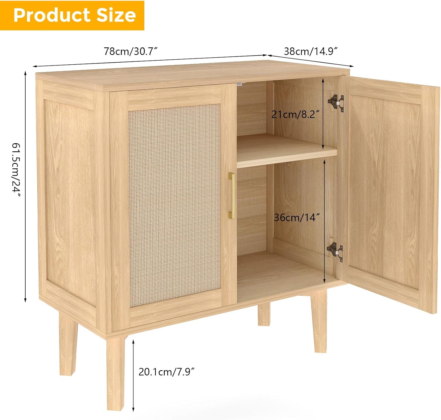 ITEFDTUTNE Rattan Cabinet, Buffet Storage Cabinet Sideboard with 2 Doors & Solid Wood Feet, for Hallway, Entryway, Living Room,or Kitchen