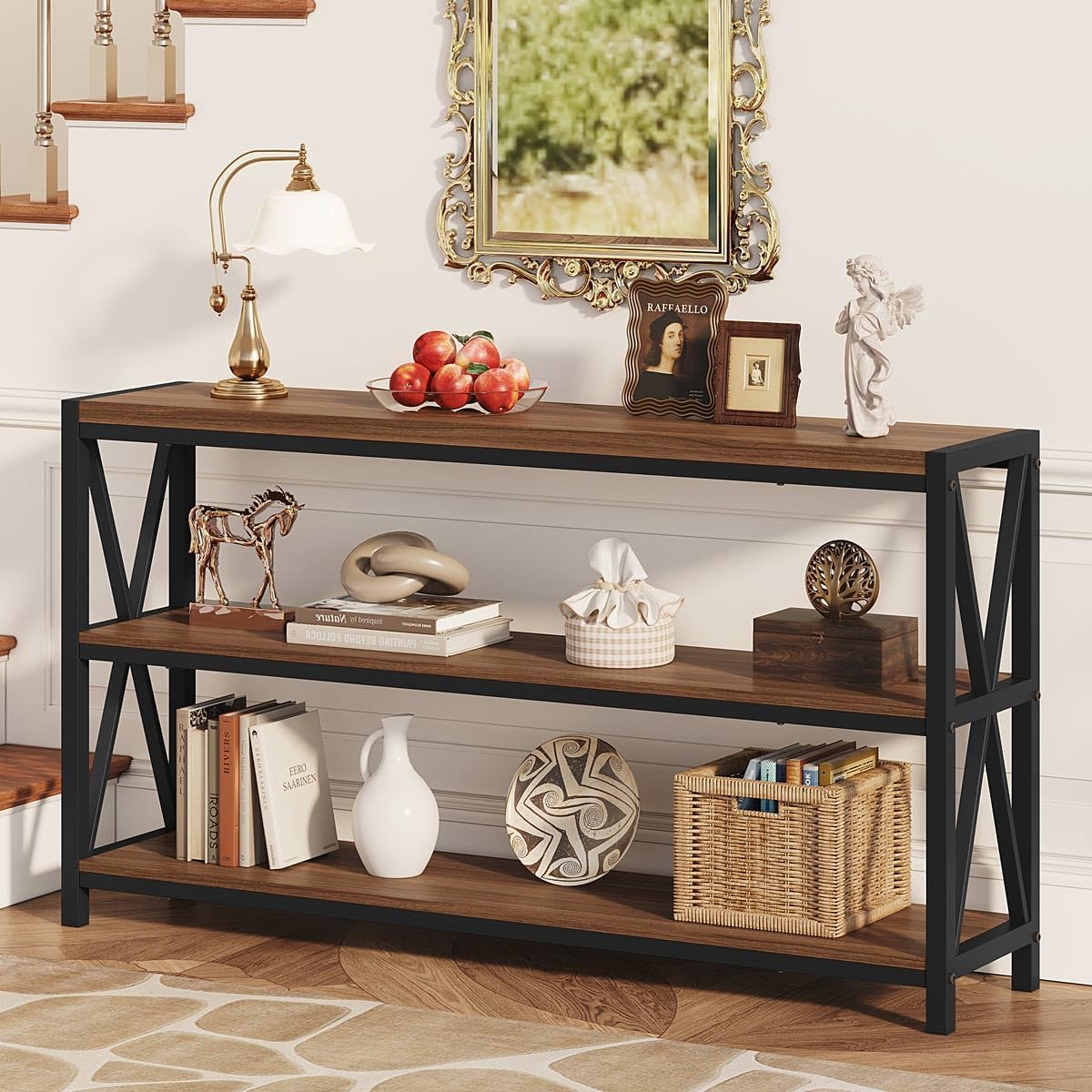 FATORRI Console Table for Entryway, 55 Inch Modern Entry Table with 3 Tier Shelves, Couch Tables Behind Sofa for Living Room (Medium Walnut)