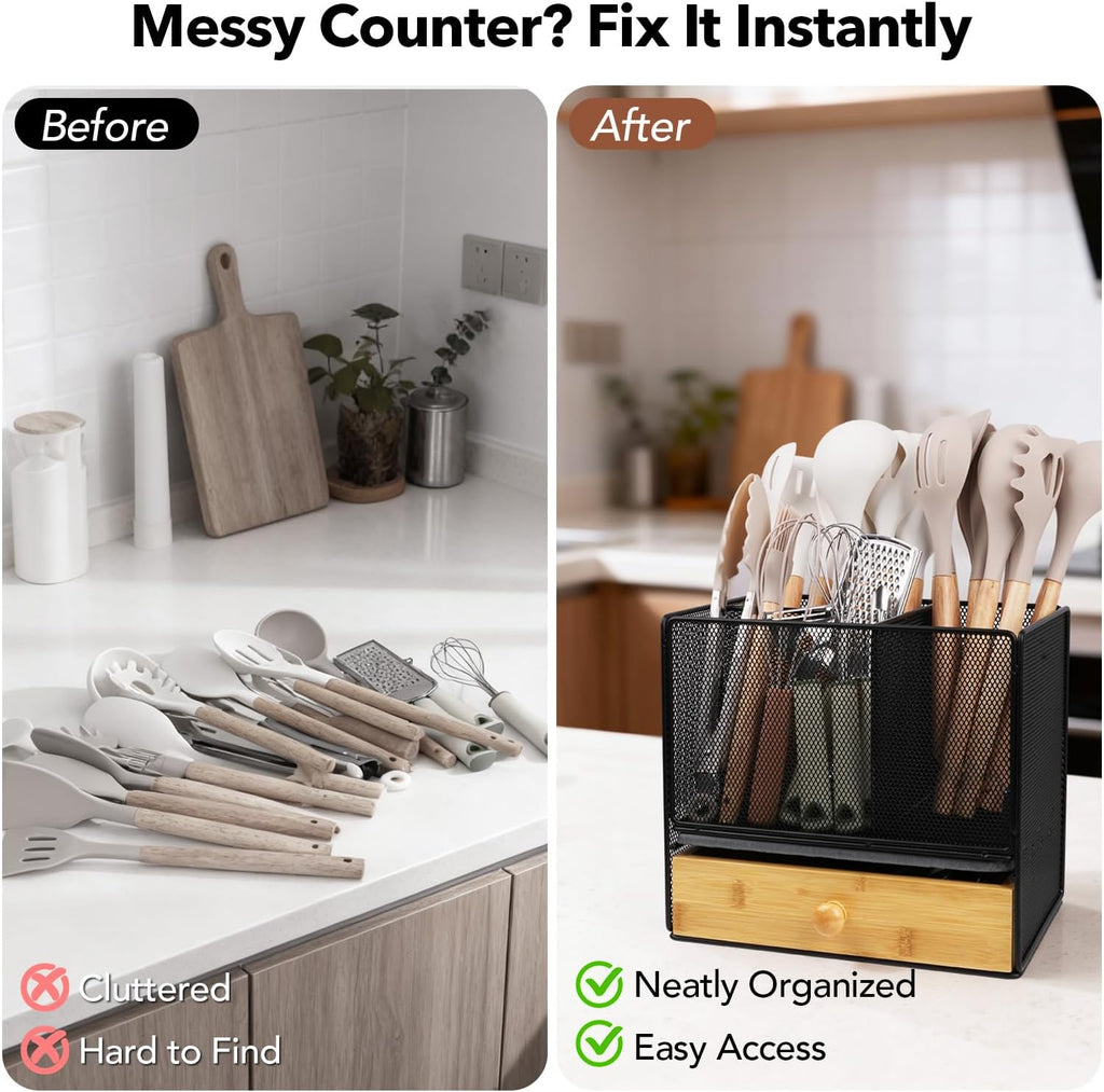 Kitchen Utensil Holder Countertop, Extra Large Utensil Organizer with Drawer, 2 Tier Utensil & Silverware Holder for Counter, Countertop Organizer for Cooking Utensil Cutlery, Quick Dry Diatomite Base