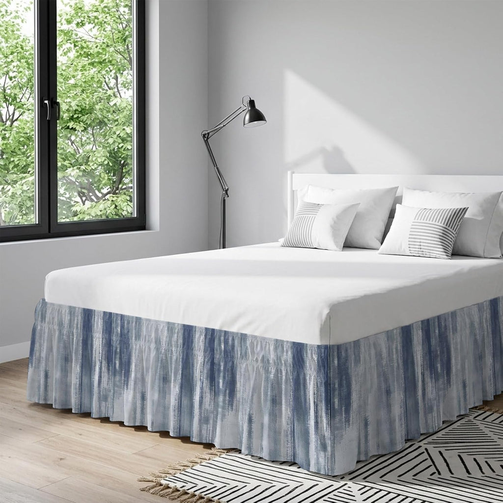 Blue Gray Ombre Bed Skirt King Size 16 Inch Drop, Adjustable Elastic Bedskirt Dust Ruffle for King Size Bed, Modern Abstract Art Oil Painting Wrap Around Bed Skirts Luxurious Pleated Bed Frame Cover
