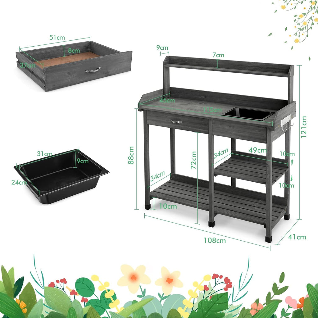 TANGZON Garden Potting Table, Wooden Potting Bench with Large Sink, Drawer, Open Shelves & 3 Hooks, Outdoor Gardening Flower Plant Workstation for Patio Balcony Yard Lawn (Grey)
