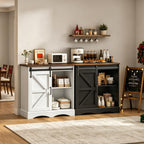 HOMFAMILIA 31.5" H Farmhouse Coffee Bar Cabinet w/Storage, White Kitchen Coffee Station with Sliding Barn Door, Rustic Buffet Cabinet with Adjustable Shelves, for Kitchen, Living Room, Black