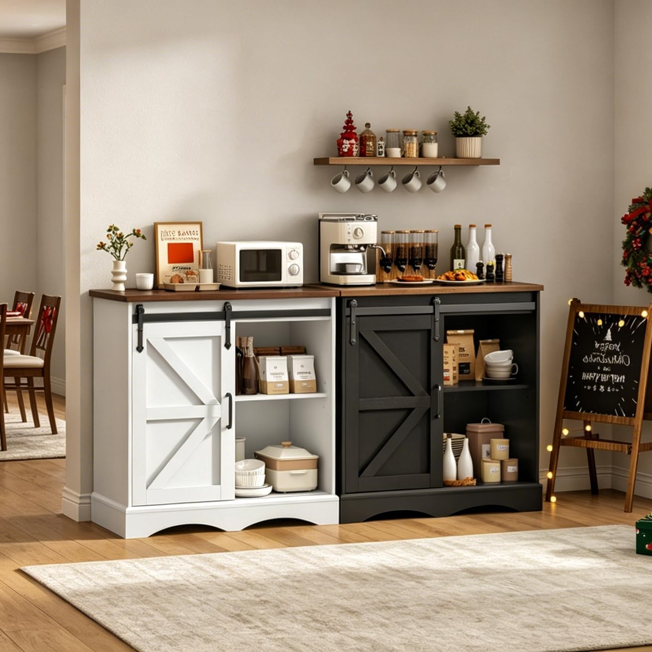 HOMFAMILIA 31.5" H Farmhouse Coffee Bar Cabinet w/Storage, White Kitchen Coffee Station with Sliding Barn Door, Rustic Buffet Cabinet with Adjustable Shelves, for Kitchen, Living Room, Black