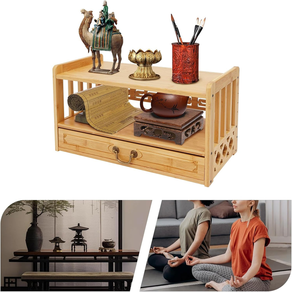 Meditation Storage Table, Altar Table with Drawer, Puja Table Perfect for Home Used, for Meditation Prayers, Desktop Organizer Bamboo Furniture, for Displaying Jars, Plants and Books (Wood Color)