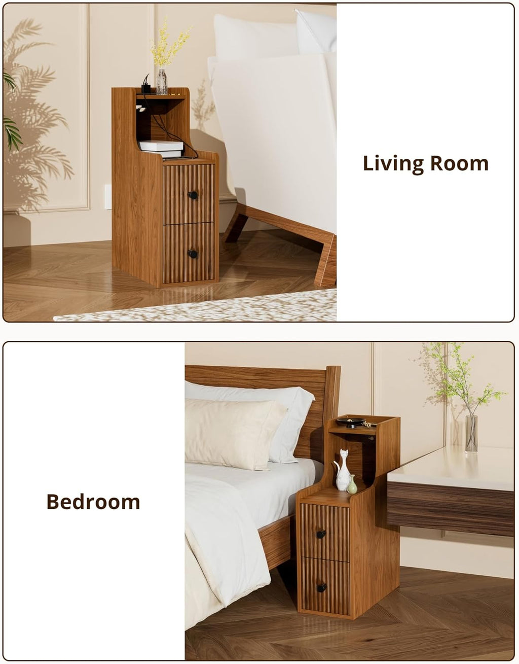 Narrow Side Table with Charging Station, Slim Nightstands with Storage Drawers, Mid Century Modern Bedside Tables for Living Room, Small Spaces, Bedroom