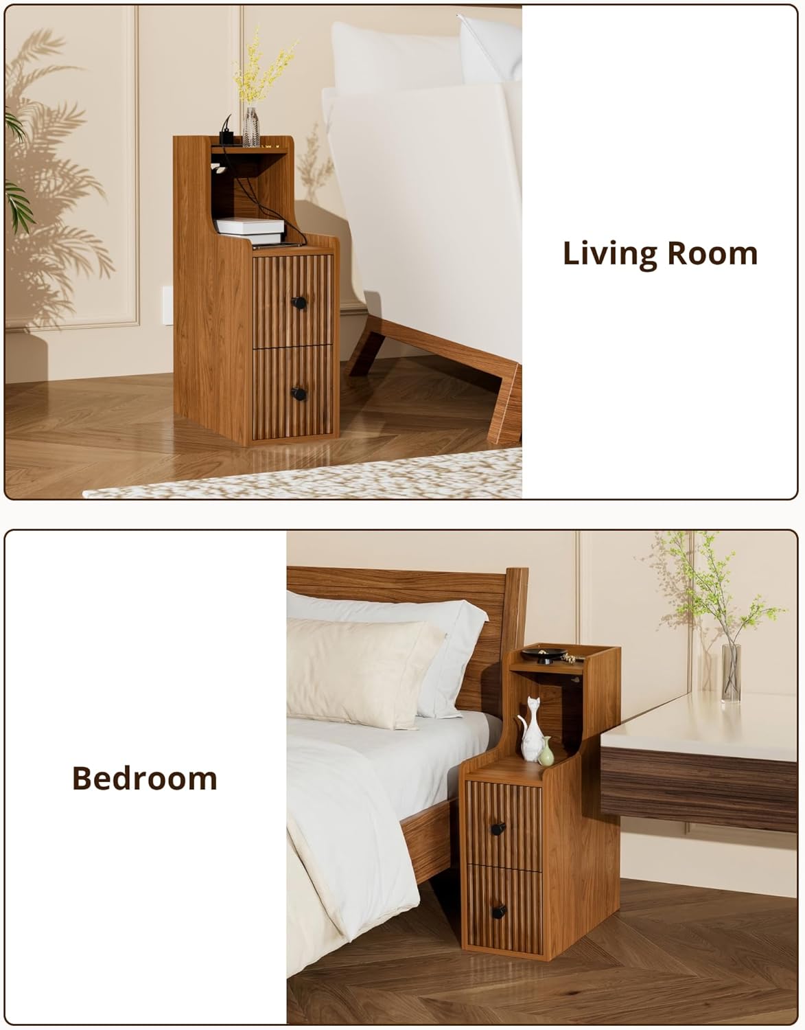 Narrow Side Table with Charging Station, Slim Nightstands with Storage Drawers, Mid Century Modern Bedside Tables for Living Room, Small Spaces, Bedroom