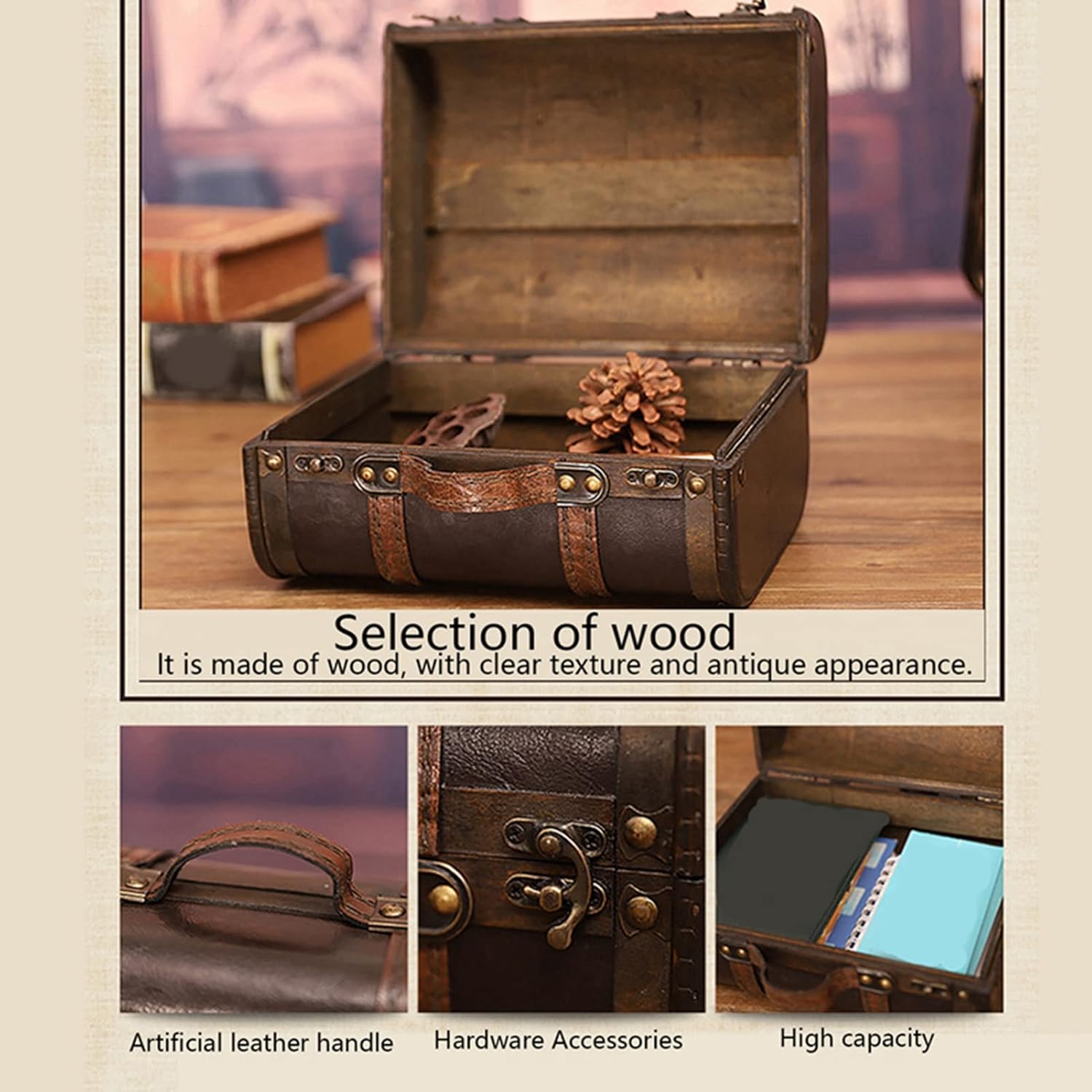 LiebeWH Vintage Wooden Storage Chest Retro Suitcase Decorative Trunk for Home Decor Photography Props Travel with Handle