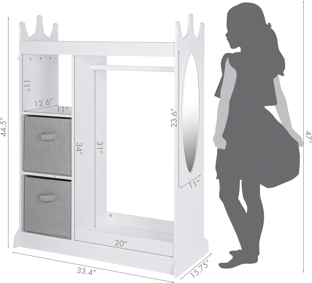 UTEX Kids Dress up Storage with Crown-Shaped Design and 2 Fabric Bins | See and Store Kids Wardrobe, Toddler Dress Up Rack, Open Hanging Armoire Closet, Water-based Paint, Princess Style
