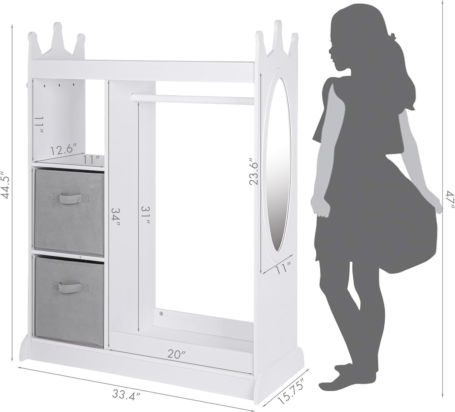 UTEX Kids Dress up Storage with Crown-Shaped Design and 2 Fabric Bins | See and Store Kids Wardrobe, Toddler Dress Up Rack, Open Hanging Armoire Closet, Water-based Paint, Princess Style