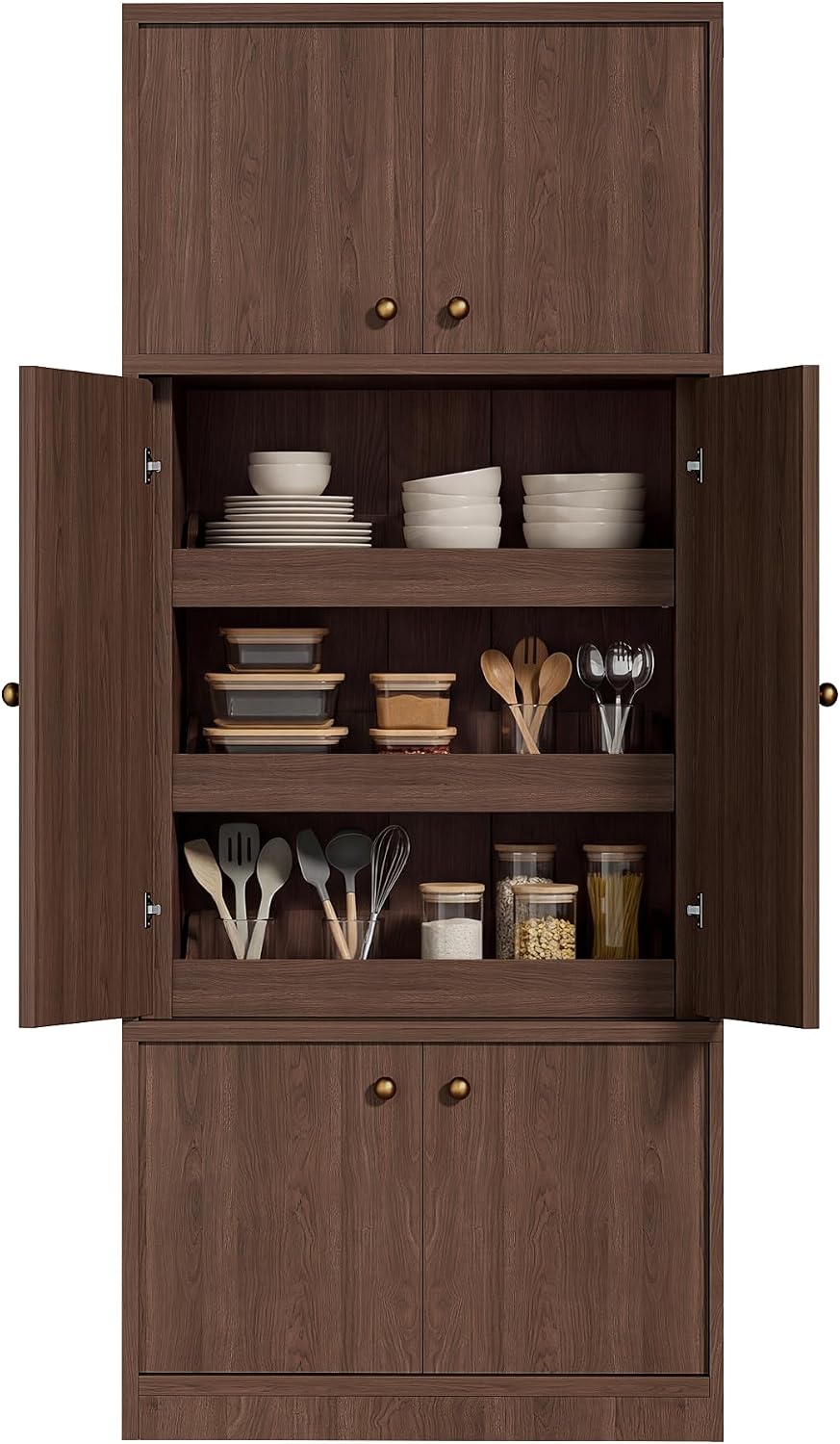 71 Inch Tall Kitchen Pantry Cabinet, Freestanding Storage Cabinet with Doors and Adjustable Shelves, E1-Grade Wood for Kitchen Pantry Storage, Walnut