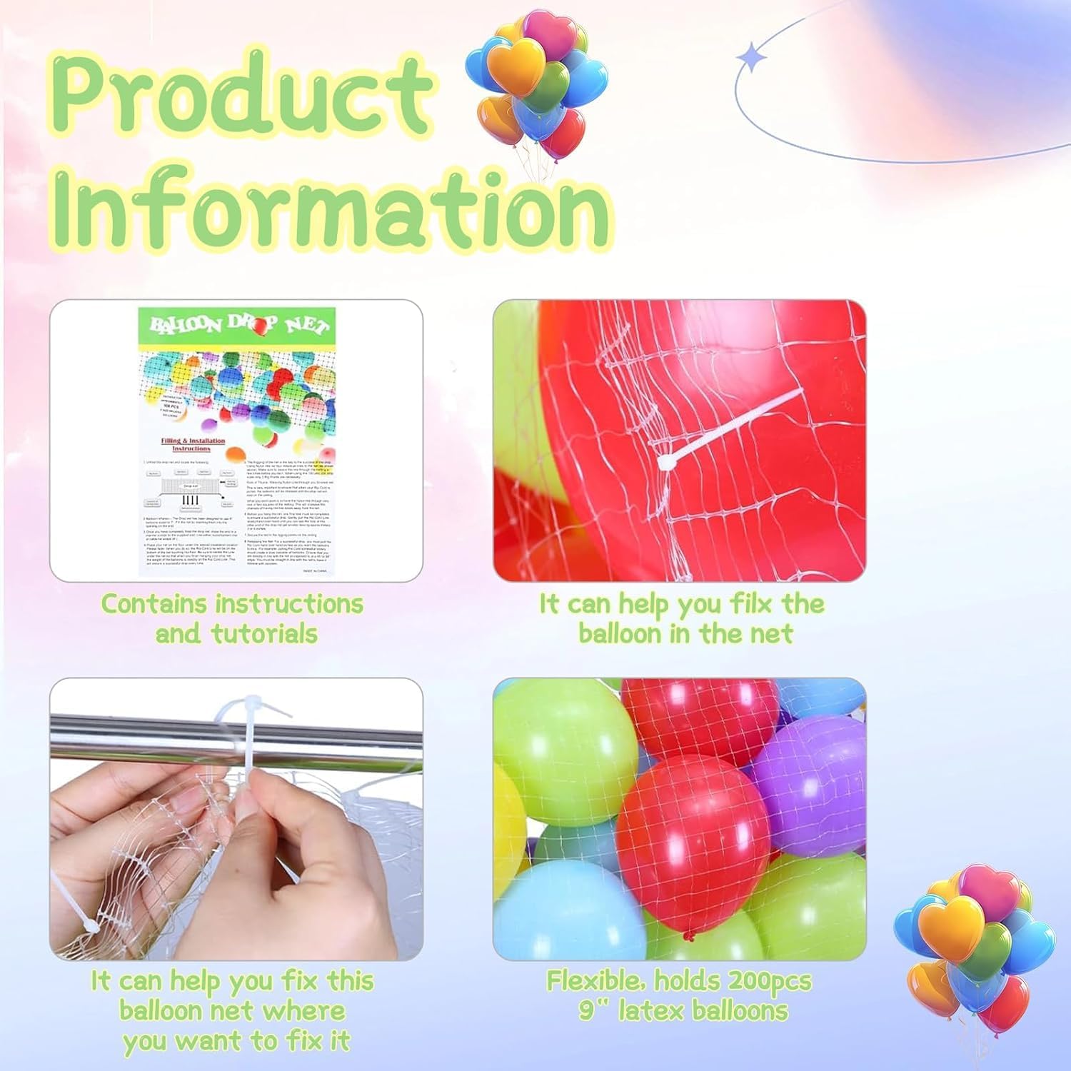 8FT Balloon Drop Net for Ceiling Release, Balloon Transport Bags, Holds 100 Balloons, Balloon Drop Kit with Pull Cord, Party Decoration for Gender Reveal, Wedding, Birthday, New Year’s Eve & Christmas