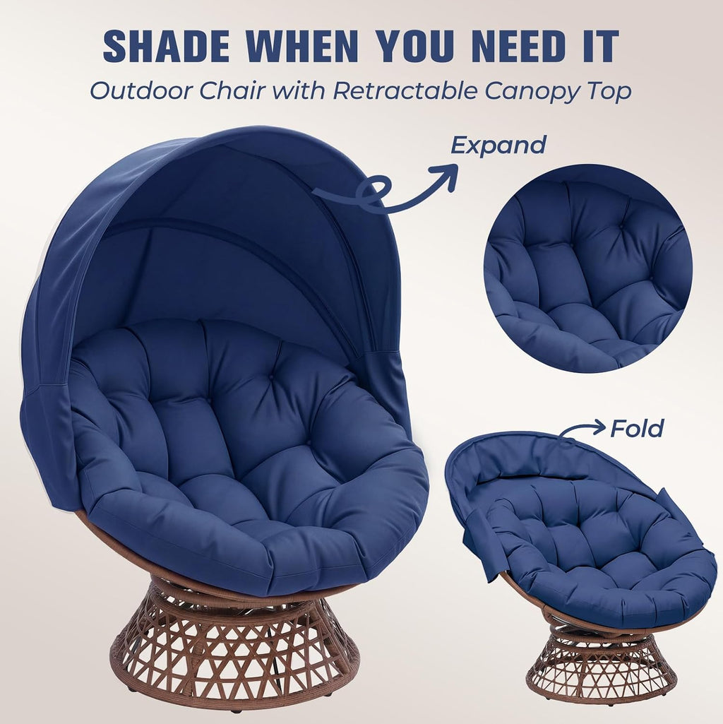 GTPLAYER Outdoor Wicker Egg Chair PE Rattan Chair with Cushion, Oversized Patio Lounge Chair with Canopy Papasan Chair 360° Swivel Base for Outdoor, Indoor, Balcony, Backyard, Garden, Blue
