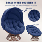 GTPLAYER Outdoor Wicker Egg Chair PE Rattan Chair with Cushion, Oversized Patio Lounge Chair with Canopy Papasan Chair 360° Swivel Base for Outdoor, Indoor, Balcony, Backyard, Garden, Blue