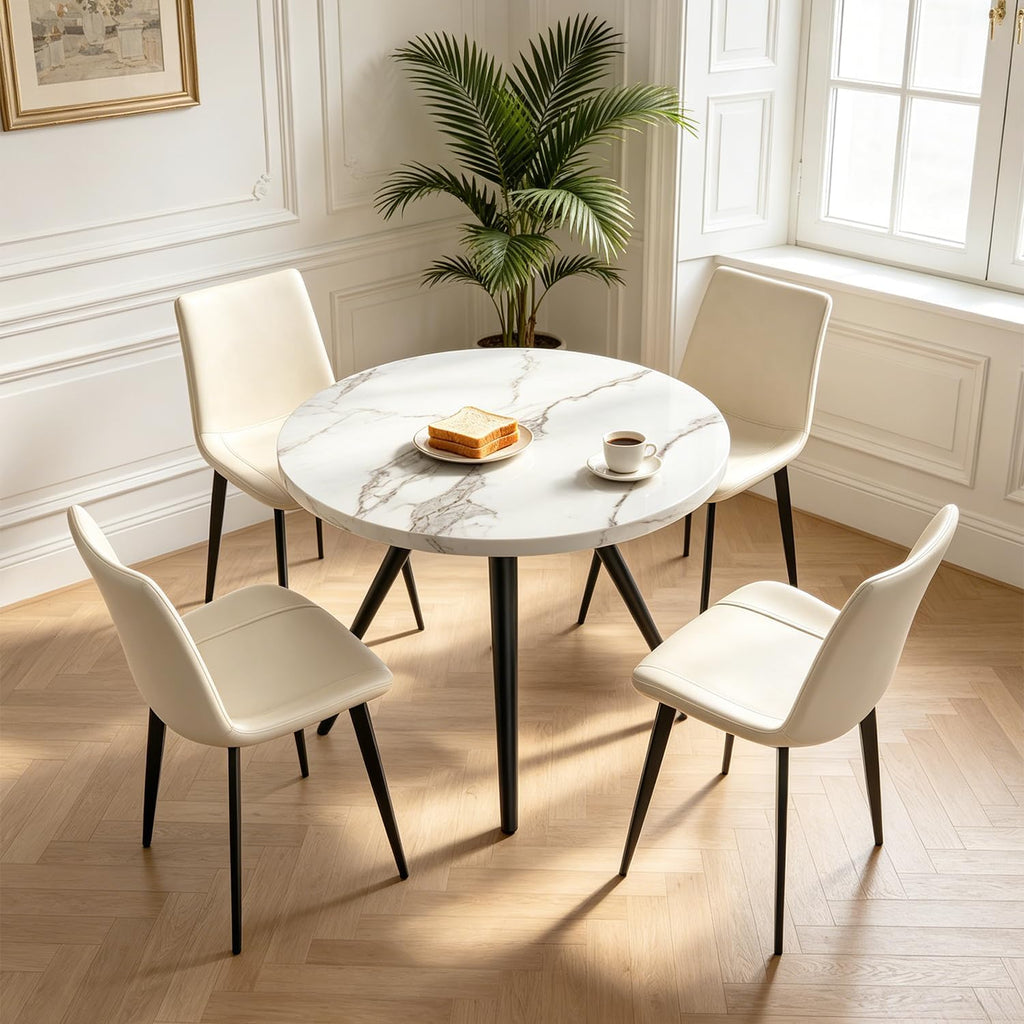 34.6" Round Dining Table Set for 4, Modern Kitchen Coffee Table Set with 4 Upholstered Leather Chairs, MDF Small Space Saving Dining Room Table and Chairs Set (White Table+4 Beige Chairs)