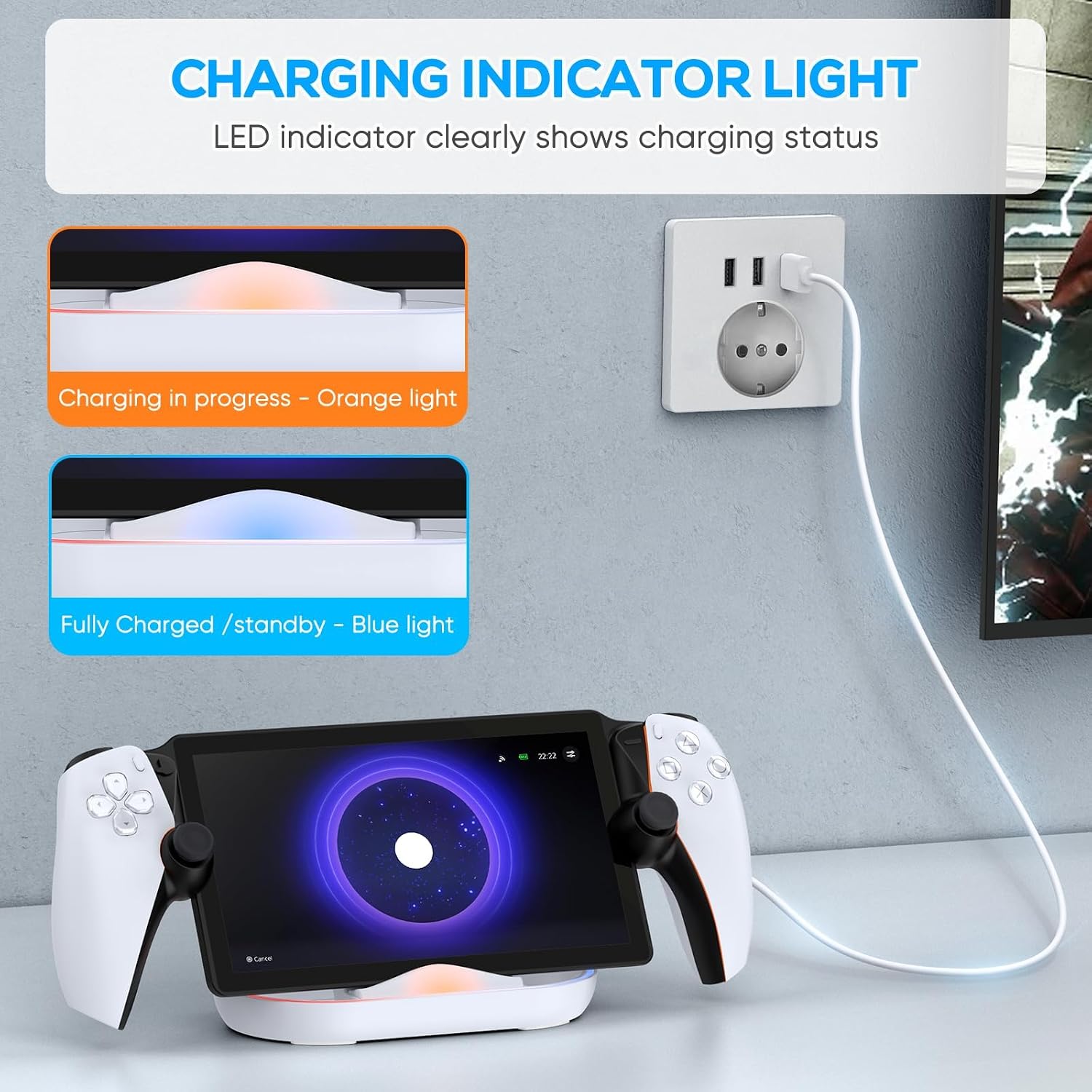 FASTSNAIL Charging Stand for PS Portal Remote Player, Portable Charge Dock Station with 14 RGB Light Modes and Type-C Cable, Charge Base Holder Accessories for PlayStation 5 Portal Console