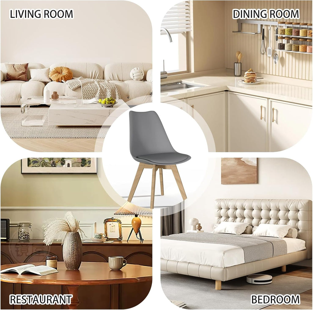 SHGJ&SOFT Modern Dining Chair Set of 4, PU Leather Kitchen Chair with high Back, Tulip Chair with Solid Wood Legs with Cushion and Back Cushion for Living Room Bedroom Dining Room (Gray, 4 PC)