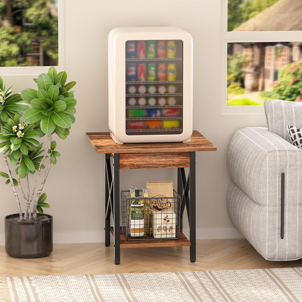 GreenForest Square End Table for Living Room, 20 Inch Large Side Table with X-Frame, Farmhouse Tall Bedside Nightstand with 2-Tier Storage Shelf, Rustic Walnut