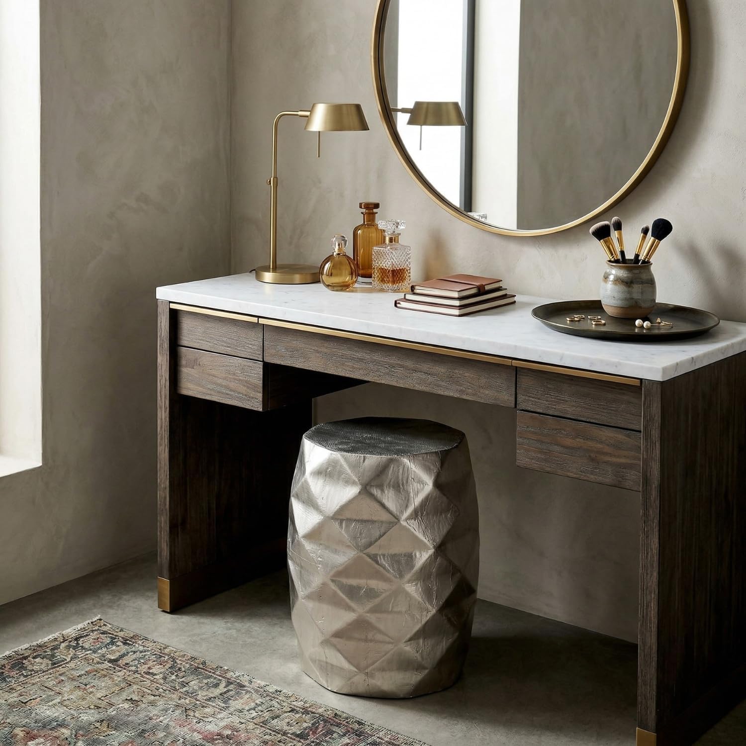 Hives & Honey Anna Side Table, Geometric Mango Wood Accent Table, Modern Rhombus Design, Antiqued Foil Finish, Multi-Use as End Table, Vanity Stool or Decorative Pedestal, Silver