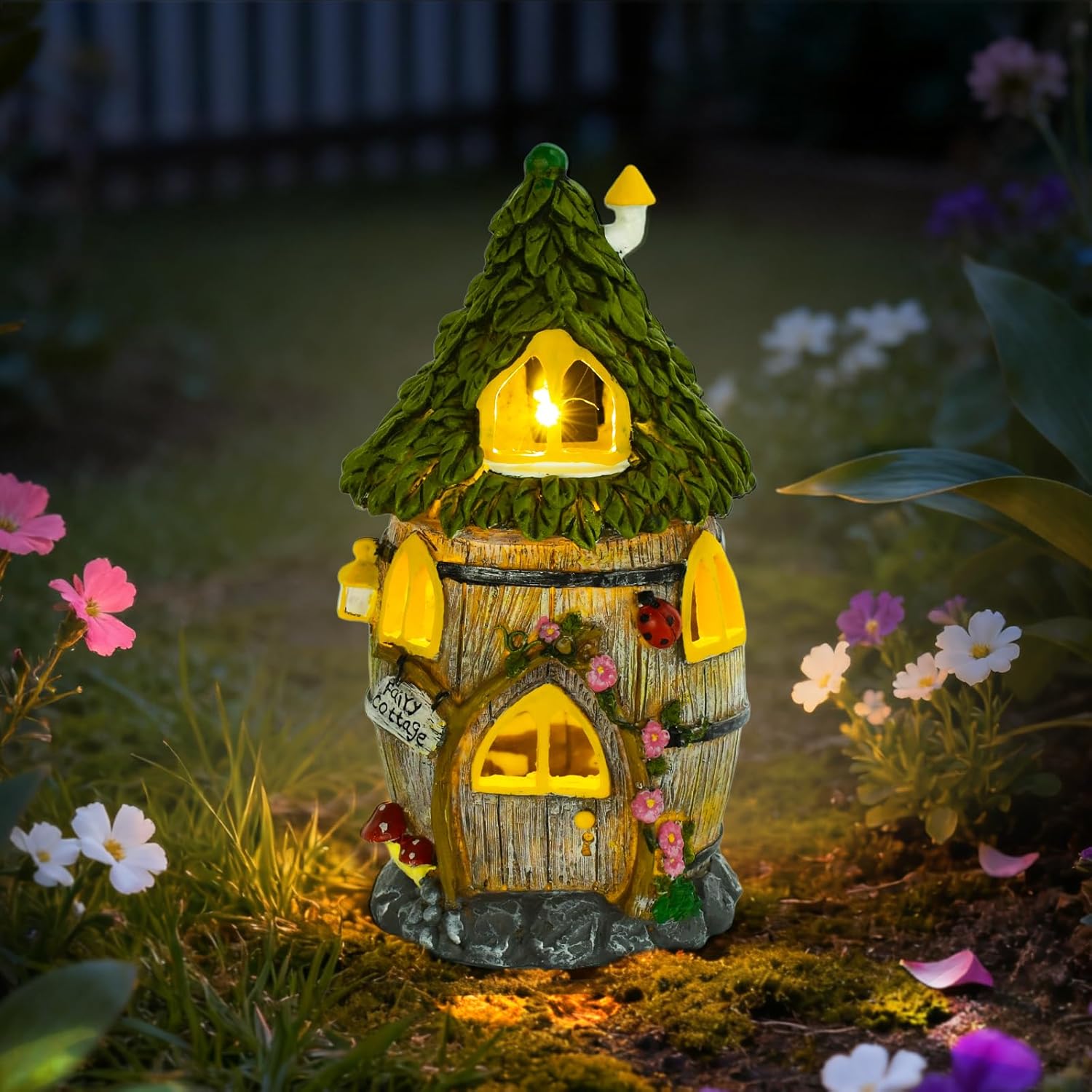 Fairy Garden House with Solar Light, Outdoor Figurine Lights Garden Statues,Yard Decorations Outdoor Fairy Garden Accessories,Decor Gifts for Mom Women,12 Inches, Huge Fairyland House
