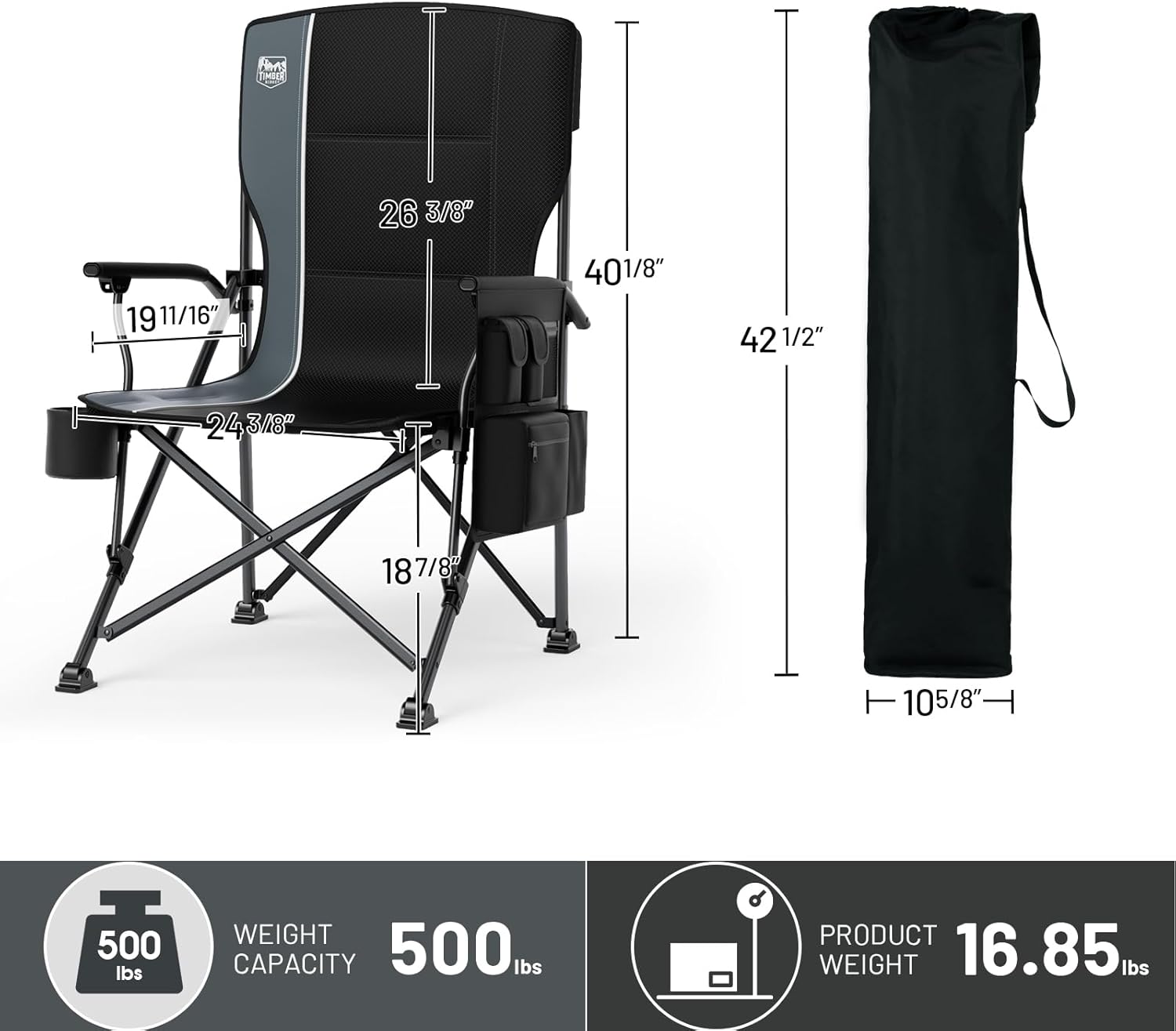 TIMBER RIDGE Oversized Folding Camping Chair High Back Heavy Duty for Adults Support up to 500lbs with Cup Holder, Side Pocket Cooler Bag