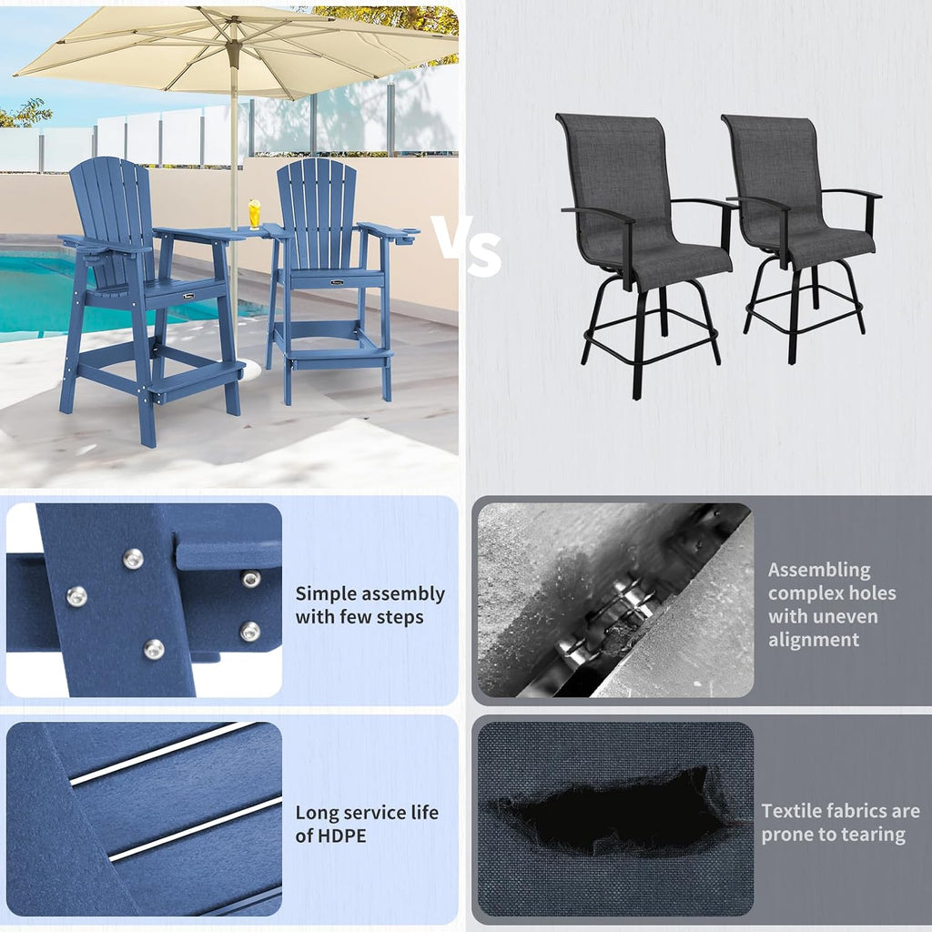 FUNBERRY Tall Adirondack Chairs Set of 2 with Removable Connecting Table, All Weather High Top Balcony Chair with Cup Holders