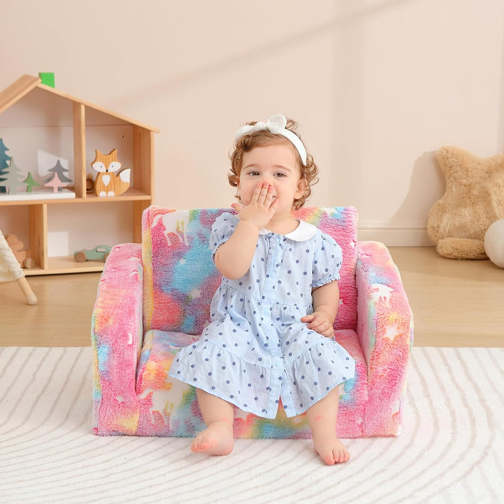 Toddler Couch Fold Out, Foldable Toddler Chair with Blanket, Flip Out Kids Couch,Glow in The Dark Convertible Sofa Gift for Girls & Boys (Glow Pink)