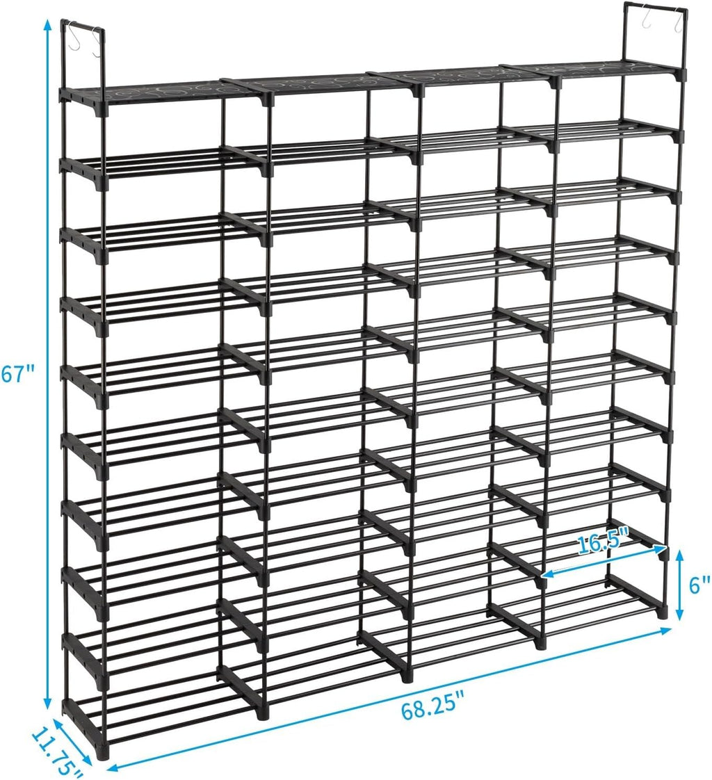 10 Tiers Metal Shoe Rack Organizer, 80 Pairs Large Capacity Shoe Storage Shelf with Side Hooks Adjustable PP Shelves Tool-Free Assembly Black Shoe Stand for Entryway Closet Garage Dorm