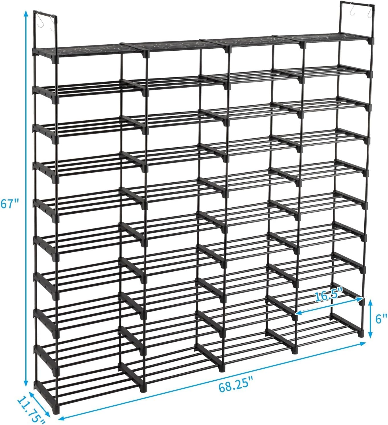 10 Tiers Metal Shoe Rack Organizer, 80 Pairs Large Capacity Shoe Storage Shelf with Side Hooks Adjustable PP Shelves Tool-Free Assembly Black Shoe Stand for Entryway Closet Garage Dorm