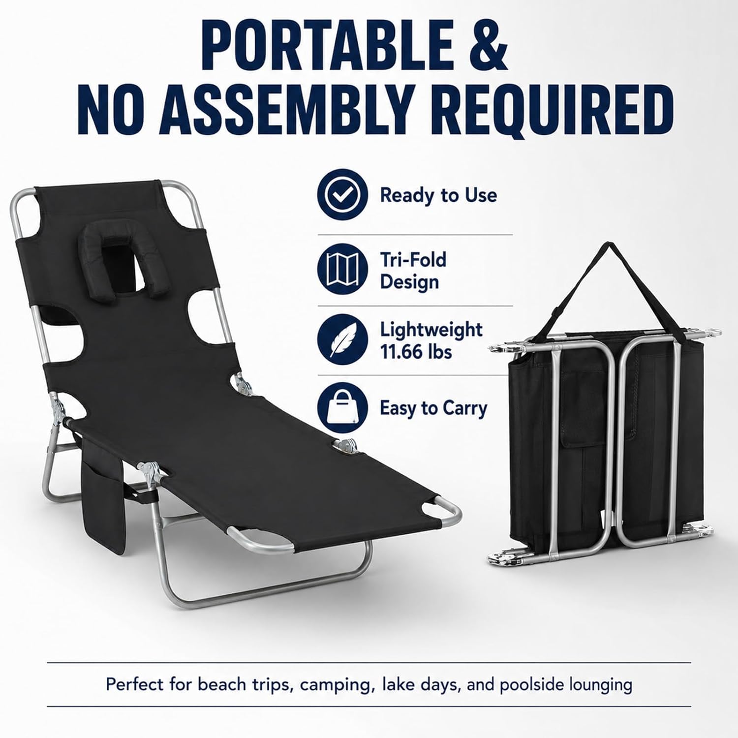 Tanning Chair, Folding Beach Lounge Chair with Face Hole and Arm Slots, 5-Position Adjustable Sun Tanning Chair with Pillow and Side Pocket, Portable Chaise Lounge for Patio Pool Outdoor, Black