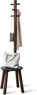 Umbra Pillar Coat Rack with Stool, Freestanding 6 Hooks, Black/Walnut | Rubberwood and metal construction, space-saving vertical design, no tools assembly, holds bags or plants