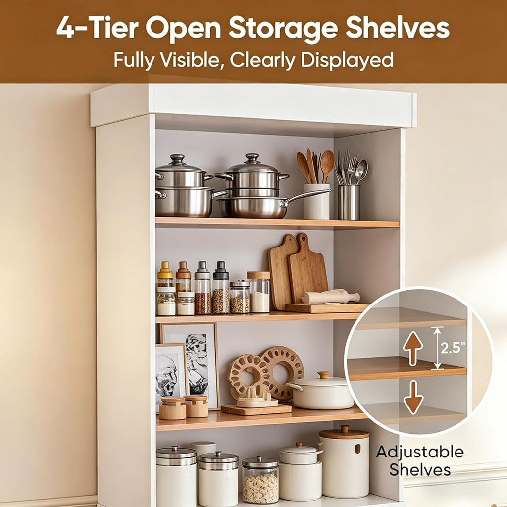 Vyre 71" Tall Farmhouse Kitchen Pantry, Large Storage Cabinets with Glass Doors, Freestanding Wood Hutch Cabinet with 3 Drawers, Adjustable Shelves for Living Room, Dining Room, Set of 4