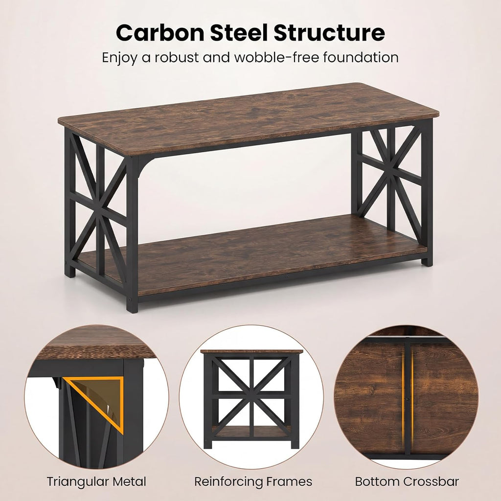 Giantex Farmhouse Coffee Table, 43" Center Table with Storage & X-Shaped Frames, 2-Tier Modern Accent Cocktail Tea Table, Rectangular Wooden Living Room Tables for Small Spaces, Rustic Brown