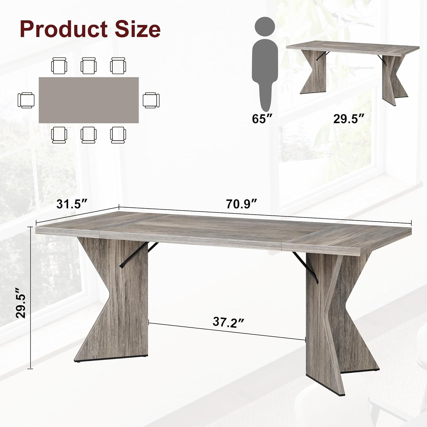 GarveeHome 70.9'' Dining Table for 6, Farmhouse Rectangular Kichen Table with Sturdy Frame and “V” Leg, Wooden Thickened Long Desk and Dinner Desk for Dining Room, Kitchen, Office, Game Room(Grey)