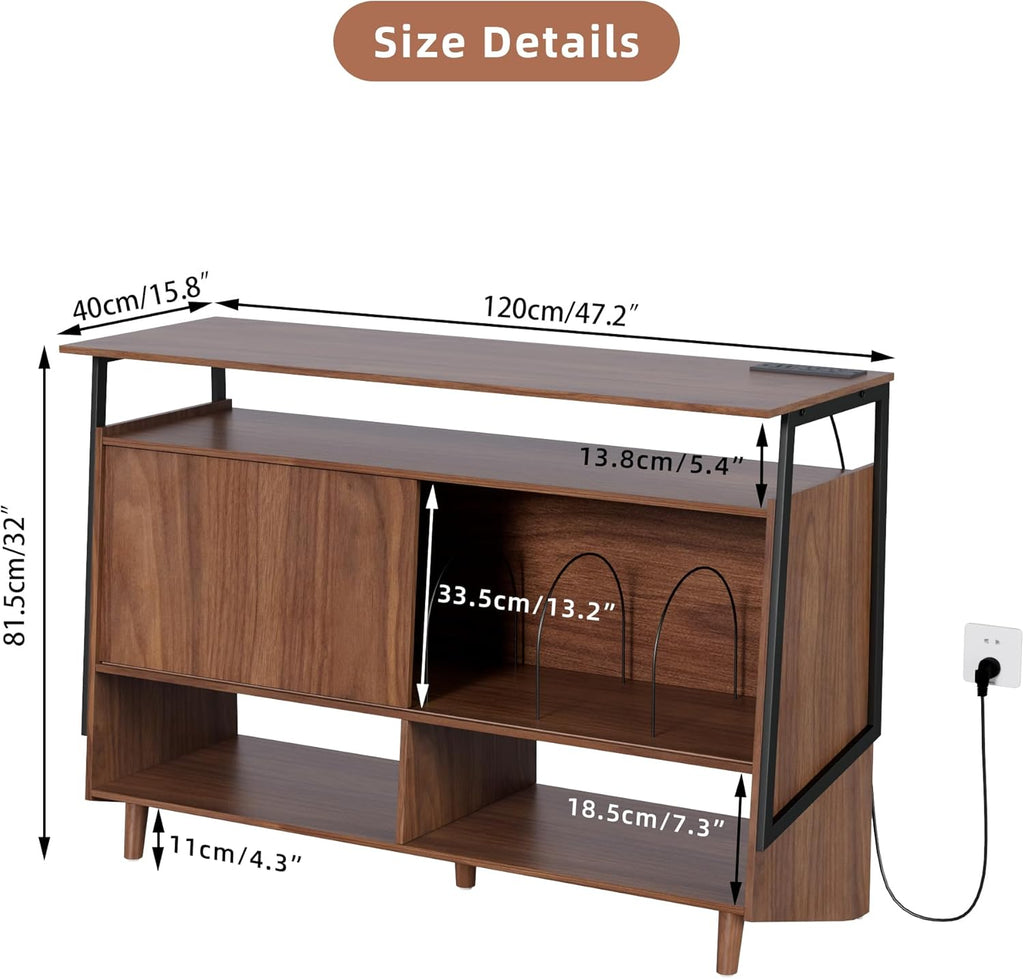 Large Record Player Stand with Charging Station, Vinyl Record Stand with Storage Holds Up to 150 Albums, Record Player Table Cabinet Turntable Stand for Living Room, Bedroom (Walnut)