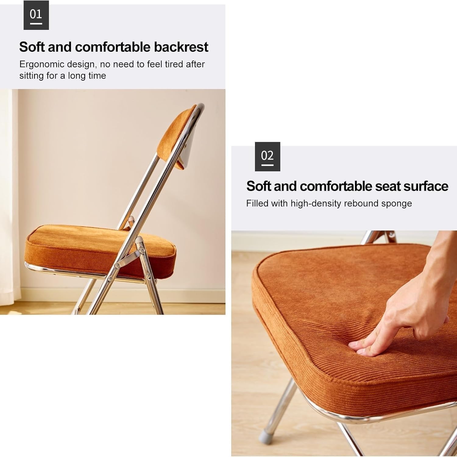 Folding Chairs, Fabric Dining Set with Metal Frame, Padded Seat and Back, Non-Slip Foot Pads, Foldable Office(Orange)