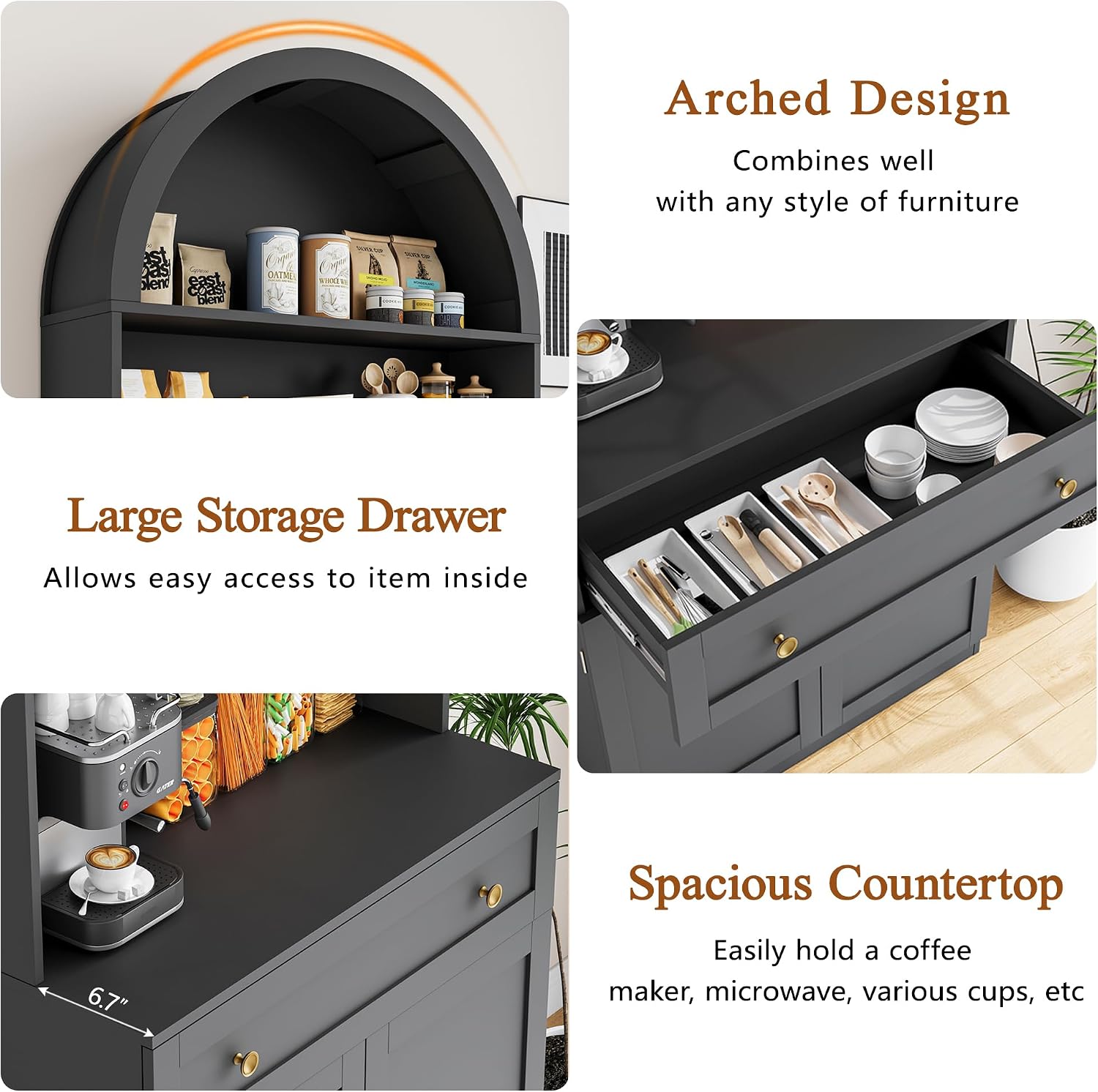 71" Tall Arched Kitchen Pantry Cabinet, Modern Kitchen Storage Cabinets with Hidden Drawer and Spacious Countertop, Wooden Storage Pantry Cabinet for Living Room, Dining Room, Black
