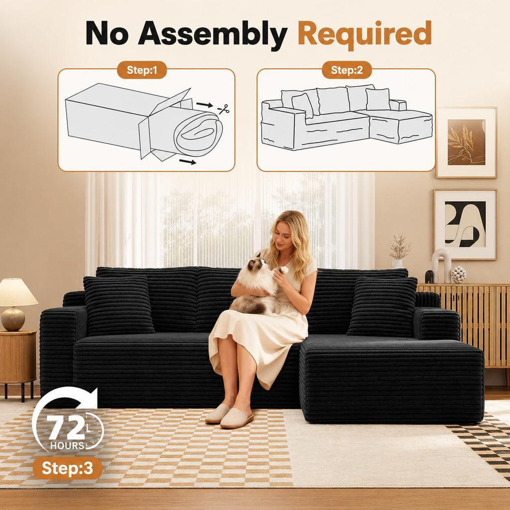 94.5" L-Shaped Cloud Sectional Couch for Living Room, Modern Minimalist Upholstered Boneless Sofa,Corduroy Fabric Modular Sectional Sofa with Chaise, No Assembly Required (Black, Right)